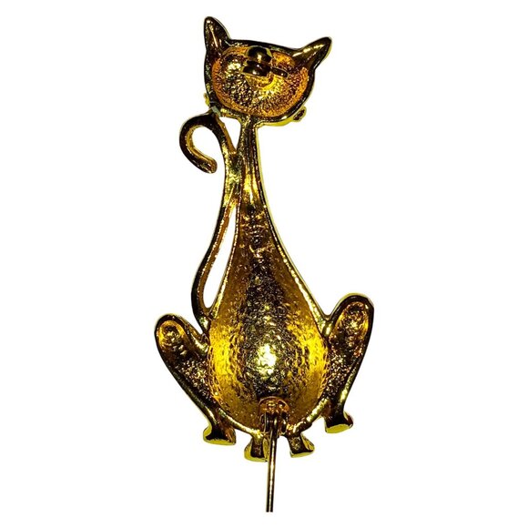 Vintage Gold Tone Cat Brooch Clear Rhinestone Eyes Long Neck Kitty Pin - Picture 6 of 9